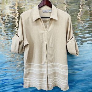 Caran New York Button Front Blouse Linen Sz 2X Roll Tabbed Sleeves Tunic VTG 2X